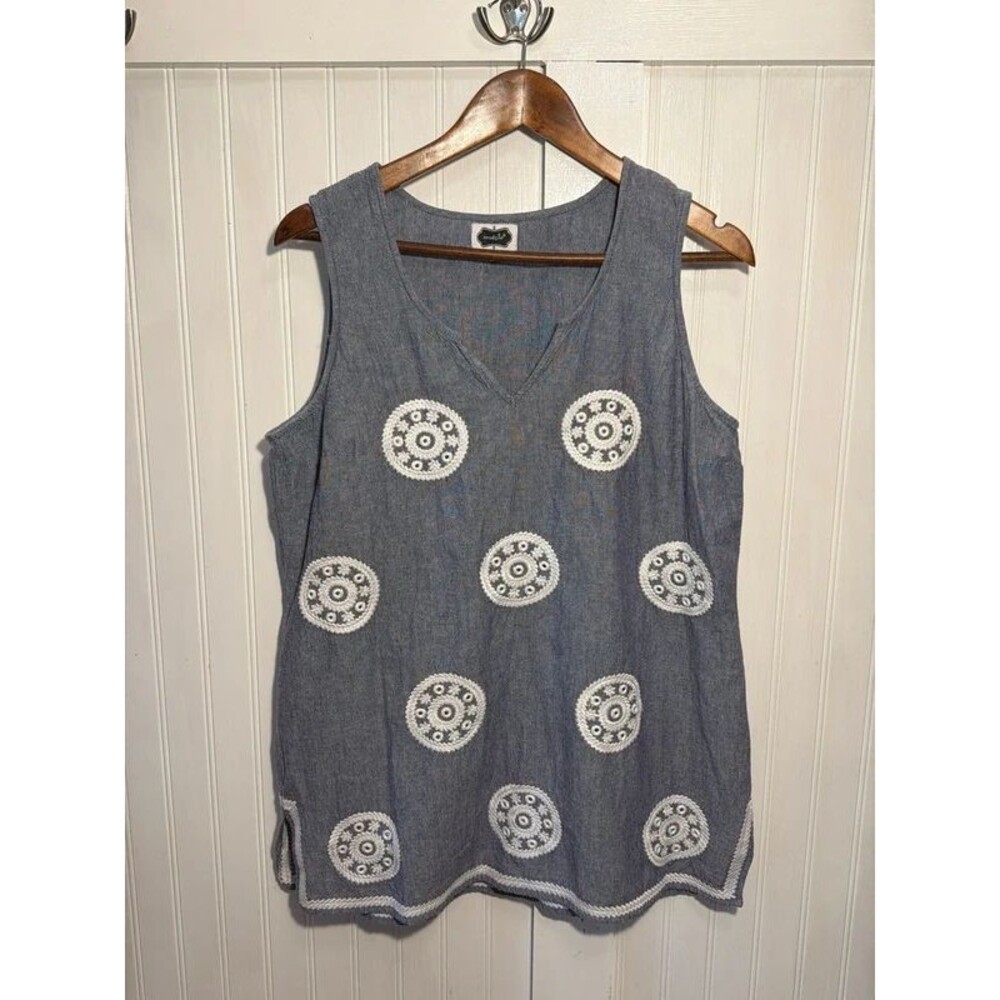 udpie Tunic Top Womens L12-14 blue white sleeveless cotton boho whimsy embroider